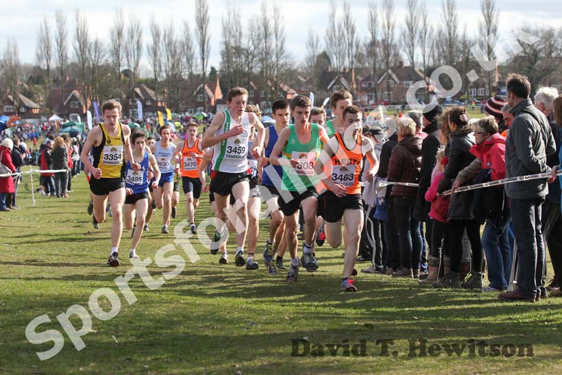 3463 Michael Callegari leads eventual winner Jonathan Davies in the Under-17 Mens start, McCain Inter Counties Cross Country, Cofton Park, Birmingham.